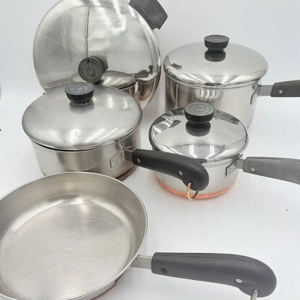 Vintage Revere Ware Copper Clad 9 Pc Cookware Set USA 1950s-60s Patent Pots Lids